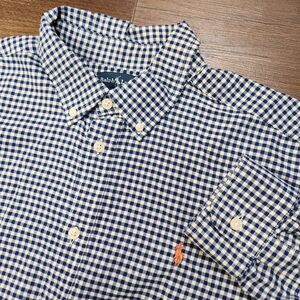 Ralph Lauren Youth XL Shirt Long Sleeve Button‎ Blue Gingham Checks Orange Pony